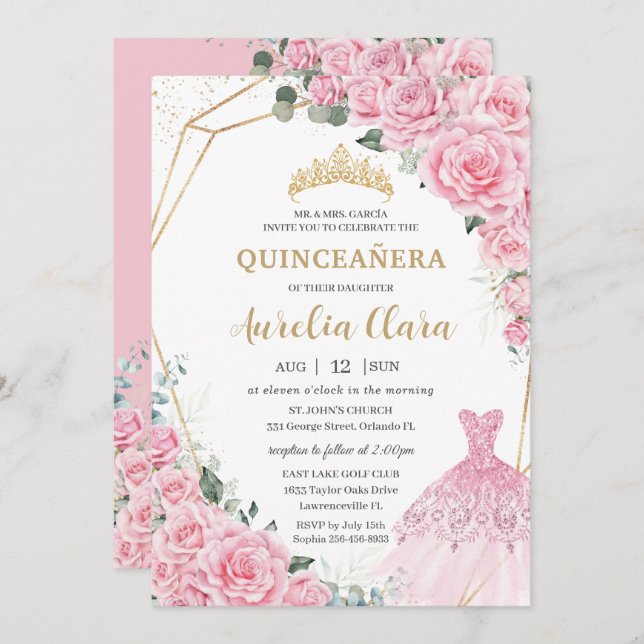 Invitación Quinceanera Pink Roses Floral Princess Dress Gown (Anverso / Reverso)