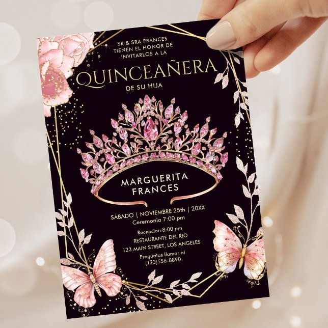 Invitación Quinceañera Pink Tiara Floral Mariposa Española (Subido por el creador)