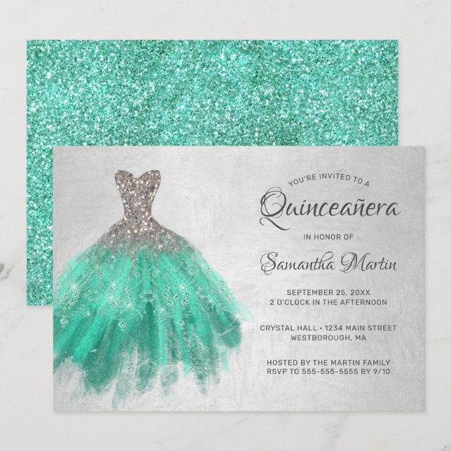 Invitación Quinceanera Plata Aqua vestida con Fiesta Verde az (Anverso / Reverso)