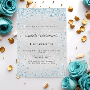 Invitación Quinceañera plata azul brillo fiesta de invierno