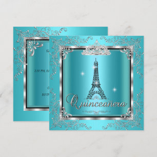 Invitación Quinceanera Plata Azul Verde azulada Torre Eiffel 