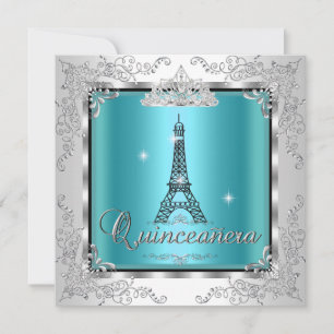 Invitación Quinceanera Plata Azul Verde azulada Torre Eiffel