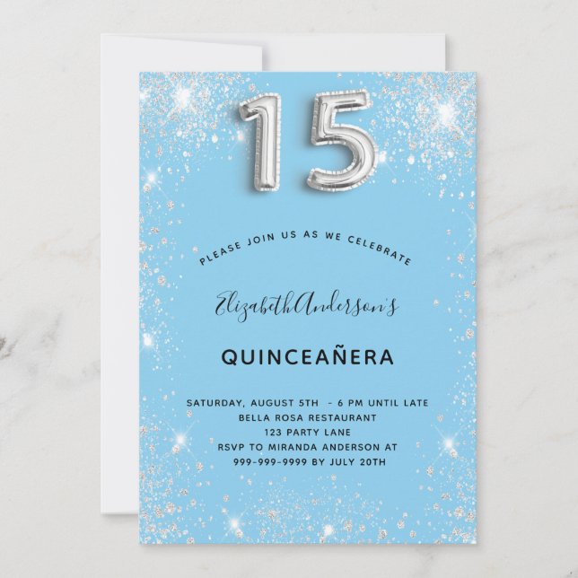 Invitación Quinceanera plata bebé purpurina azul polvo (Anverso)