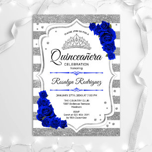 Invitación Quinceanera - Plata blanca Bandas Azul Real