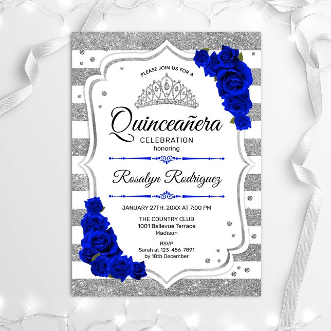 Invitación Quinceanera - Plata blanca Bandas Azul Real (Subido por el creador)