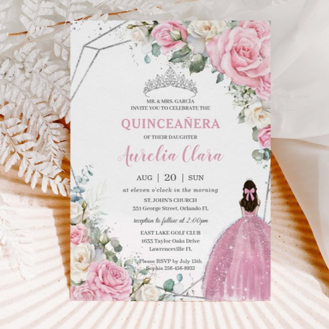 Invitación Quinceañera Plata Floral Blanca Rosa 16º cumpleaño (Subido por el creador)