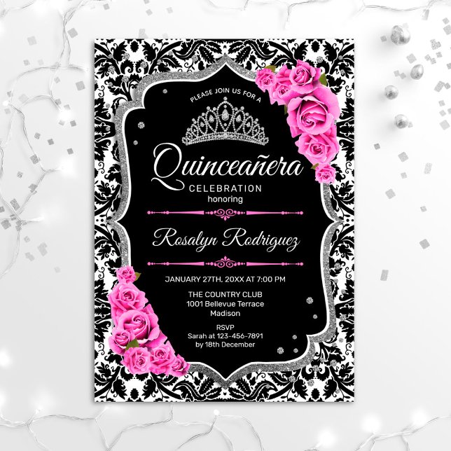 Invitación Quinceanera - Plata negra rosa (Subido por el creador)