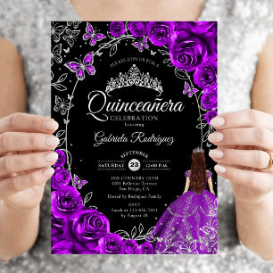 Invitación Quinceanera Plata Púrpura Floral