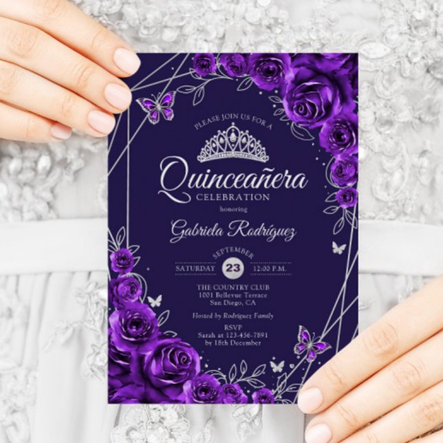 Invitación Quinceanera Plata Púrpura Floral (Subido por el creador)