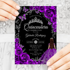 Invitación Quinceanera Plata Púrpura Floral
