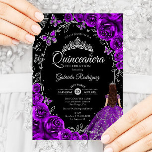 Invitación Quinceanera Plata Púrpura Floral