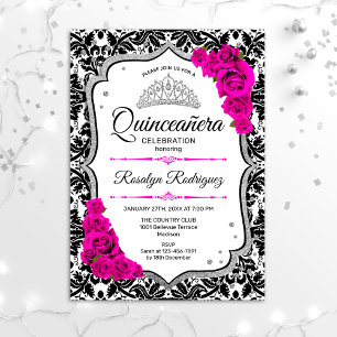 Invitación Quinceanera - Plata rosa de Damasco blanco negro