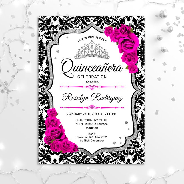 Invitación Quinceanera - Plata rosa de Damasco blanco negro (Subido por el creador)