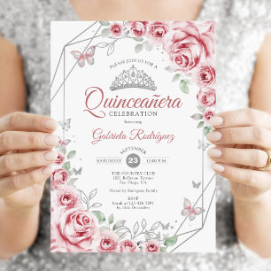 Invitación Quinceanera Plata Rosa Floral