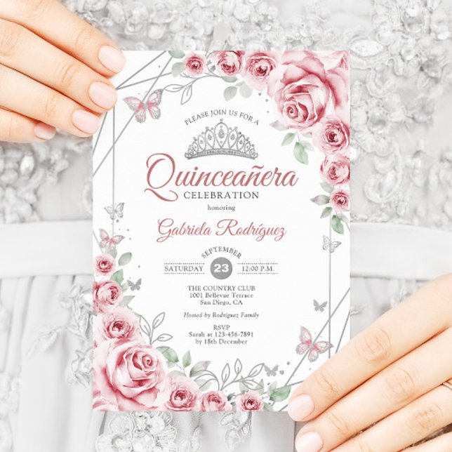 Invitación Quinceanera Plata Rosa Floral (Subido por el creador)