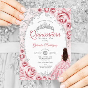 Invitación Quinceanera Plata Rosa Floral