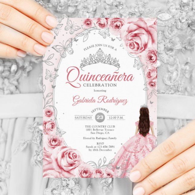 Invitación Quinceanera Plata Rosa Floral (Subido por el creador)