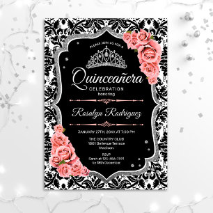 Invitación Quinceanera - Plata rosa Rubor negra