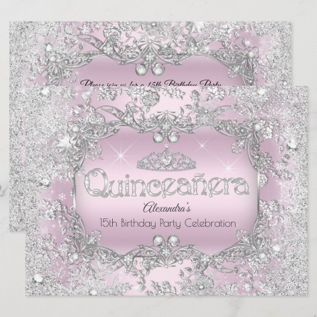 Invitación Quinceanera Plata Rosa Tiara Winter Wonderland 2 (Anverso / Reverso)