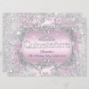 Invitación Quinceanera Plata Rosa Tiara Winter Wonderland 2