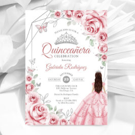Invitación Quinceanera Plata Rosa Vestido Floral