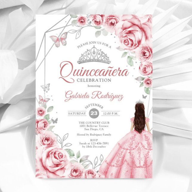 Invitación Quinceanera Plata Rosa Vestido Floral (Subido por el creador)