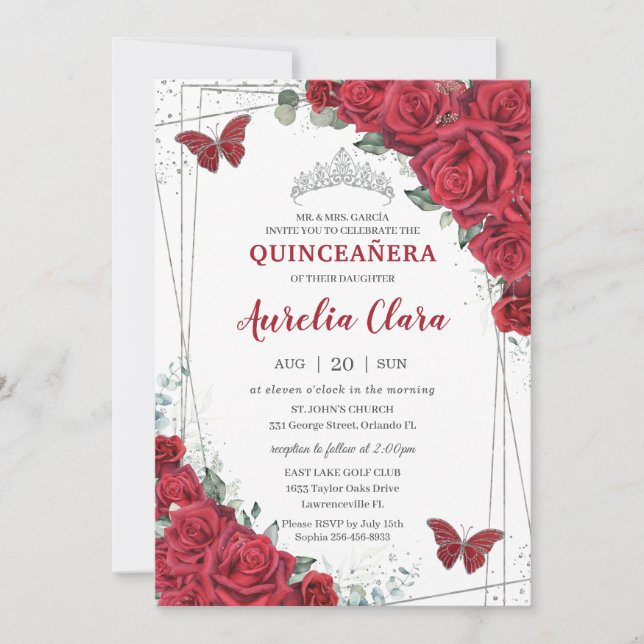 Invitación Quinceañera Plata Roses Rojas Mariposas Florales (Anverso)