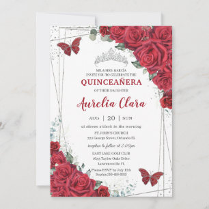 Invitación Quinceañera Plata Roses Rojas Mariposas Florales