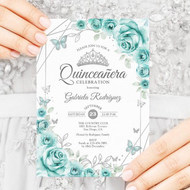 Invitación Quinceanera Plata Turquesa Floral (Subido por el creador)