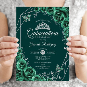 Invitación Quinceanera Plata verde esmeralda floral