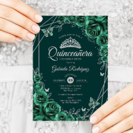 Invitación Quinceanera Plata verde esmeralda floral
