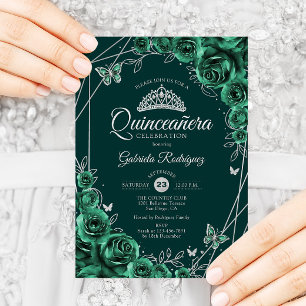 Invitación Quinceanera Plata verde esmeralda floral