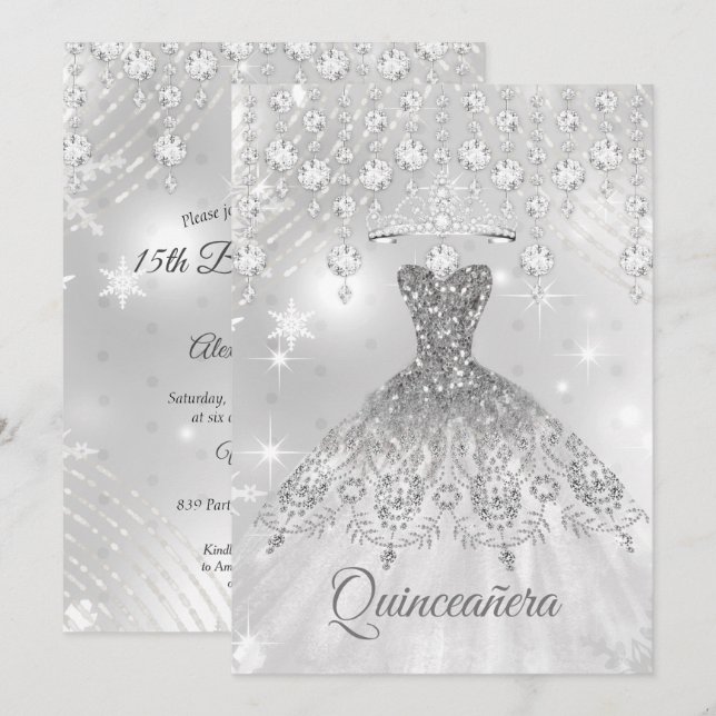 Invitación Quinceanera Plata Vestido Blanco Fiesta de Cumplea (Anverso / Reverso)