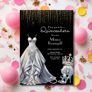 Invitación Quinceañera plateada princesa real negra cumpleaño