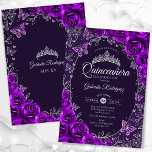 Invitación Quinceañera Plateada Púrpura<br><div class="desc">Invitación de celebración de Quinceañera púrpura y plateada. Características,  fuente de escritura,  mariposas,  rosas de acuarela y tiara. Perfecta para una celebración glamorosa de estilo princesa elegante. Personalice con sus propios detalles. Invitaciones impresas de Zazzle o plantilla digital descargable instantánea.</div>