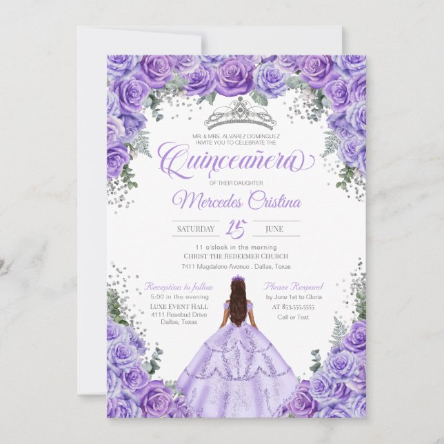 Invitación Quinceanera plateada Rosa de lavanda morada ligera (Anverso)