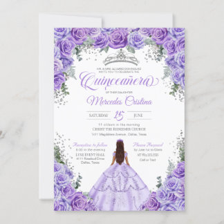 Invitación Quinceanera plateada Rosa de lavanda morada ligera