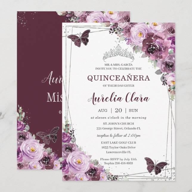 Invitación Quinceañera Plum Mauve Floral Butterflies Plata (Anverso / Reverso)