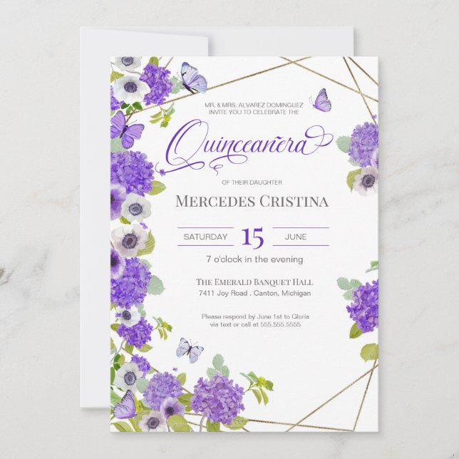 Invitación Quinceañera primavera jardín floral mariposa fiest (Anverso)