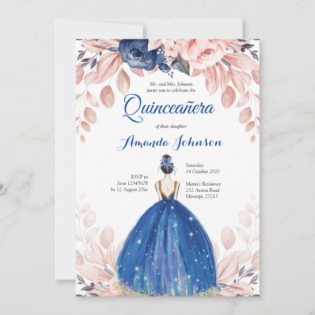 Invitación Quinceañera Princesa Azul Marino Cumpleaños 15 Esp (Anverso)