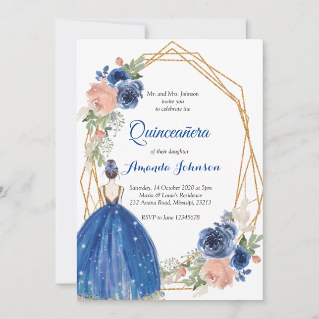 Invitación Quinceañera Princesa Azul Marino Cumpleaños Españo (Anverso)
