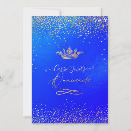 Invitación Quinceanera Princesa Crown Faux Gold Confetti Azul
