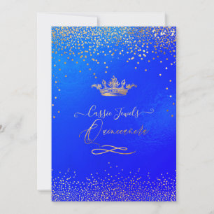 Invitación Quinceanera Princesa Crown Faux Gold Confetti Azul