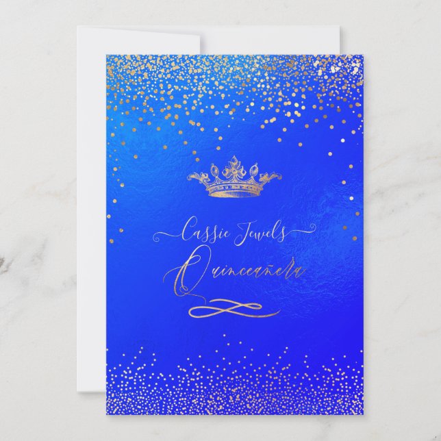Invitación Quinceanera Princesa Crown Faux Gold Confetti Azul (Anverso)