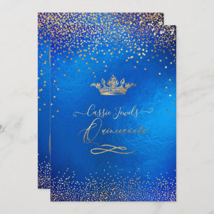 Invitación Quinceanera Princesa Crown Faux Gold Confetti Azul