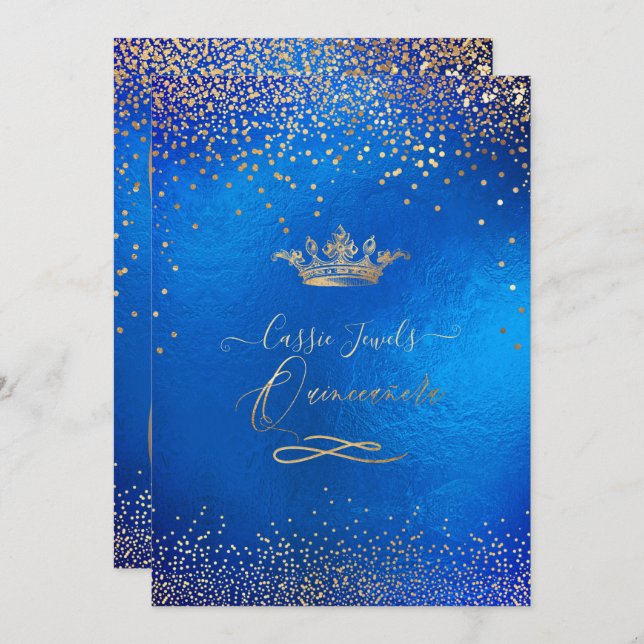 Invitación Quinceanera Princesa Crown Faux Gold Confetti Azul (Anverso / Reverso)