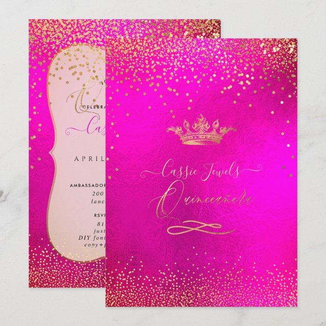 Invitación Quinceanera Princesa Crown Faux Gold Confetti Rosa (Anverso / Reverso)