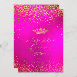 Invitación Quinceanera Princesa Crown Faux Gold Confetti Rosa