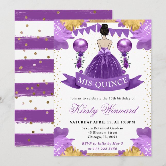 Invitación Quinceañera Princesa de Cabello Castaño con Vestid (Anverso / Reverso)