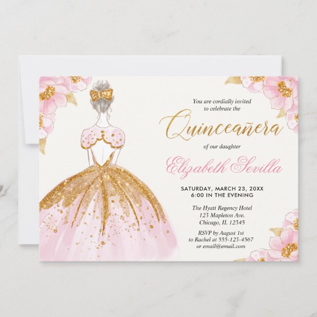 Invitación Quinceanera princesa de Rubor rosa y oro (Anverso)